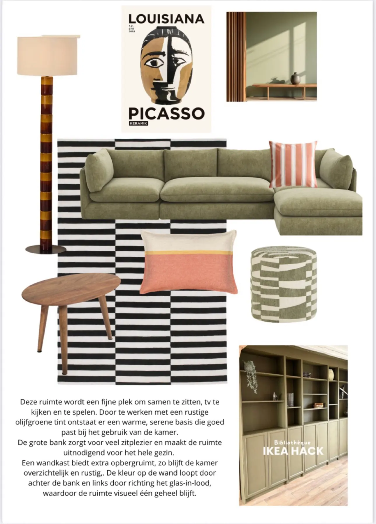 Moodboard voor een zithoek met olijfgroene bank, gestreept vloerkleed en kastenwand
